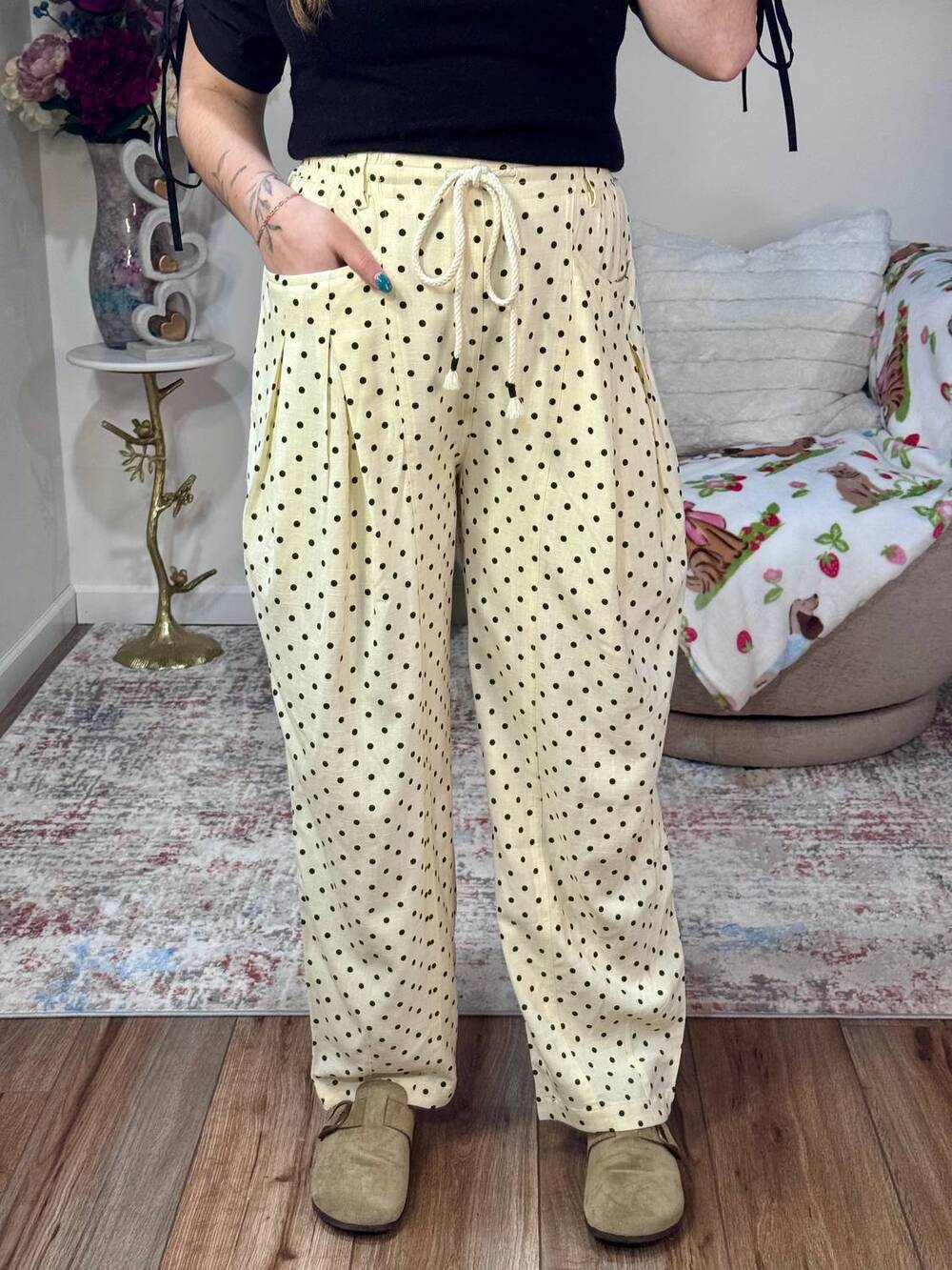 NEW ANNIEWEAR kayttie polka dot barrel leg pants in cream / ivory